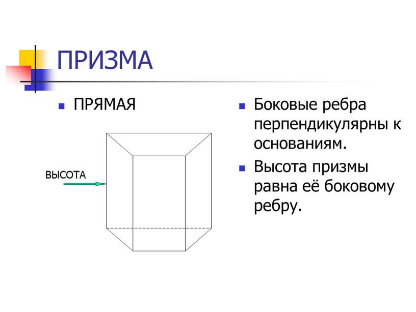 ПРИЗМА ПРЯМАЯ Боковые ребра перпендикулярны к основаниям