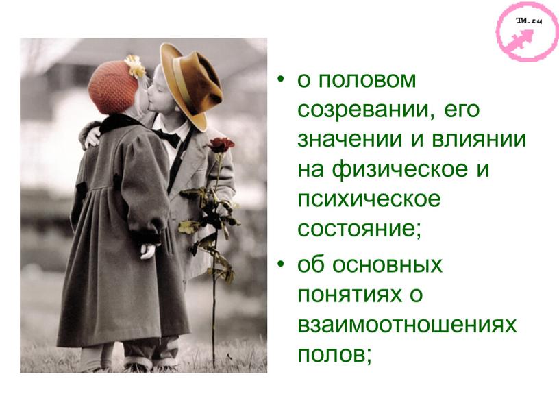 о половом созревании, его значении и влиянии на физическое и психическое состояние; об основных понятиях о взаимоотношениях полов;