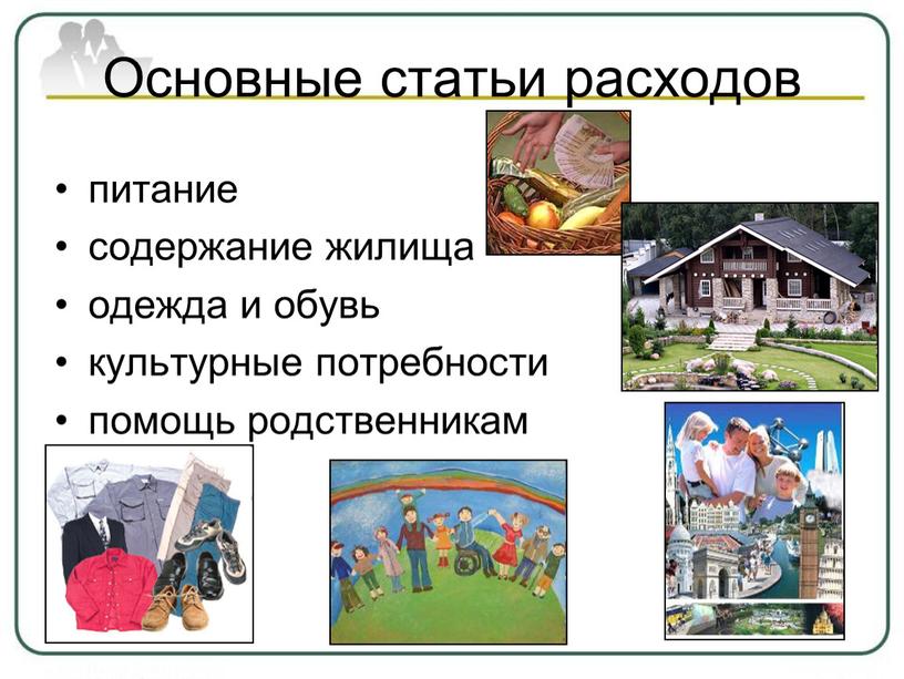 Основные статьи расходов питание содержание жилища одежда и обувь культурные потребности помощь родственникам