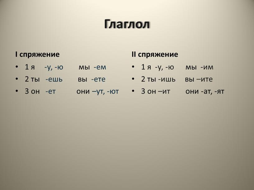 Глаглол I спряжение 1 я -у, -ю мы -ем 2 ты -ешь вы -ете 3 он -ет они –ут, -ют