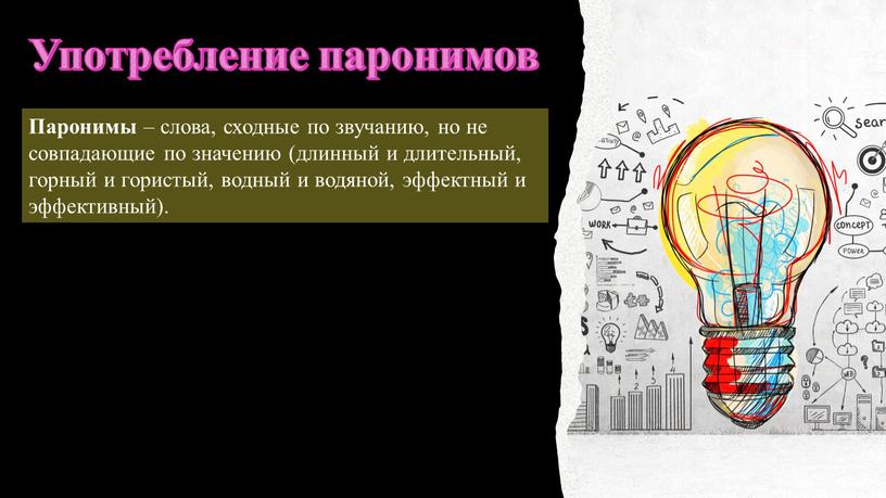 Употребление паронимов Паронимы – слова, сходные по звучанию, но не совпадающие по значению (длинный и длительный, горный и гористый, водный и водяной, эффектный и эффективный)