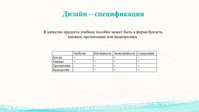 Дизайн – спецификация В качестве продукта учебное пособие может быть в форме буклета, книжки, презентации или видеоролика