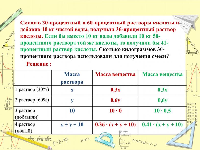 Смешав 30-процентный и 60-процентный растворы кислоты и добавив 10 кг чистой воды, получили 36-процентный раствор кислоты