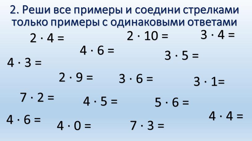 Реши все примеры и соедини стрелками только примеры с одинаковыми ответами 2 ∙ 4 = 4 ∙ 6 = 4 ∙ 3 = 4 ∙…