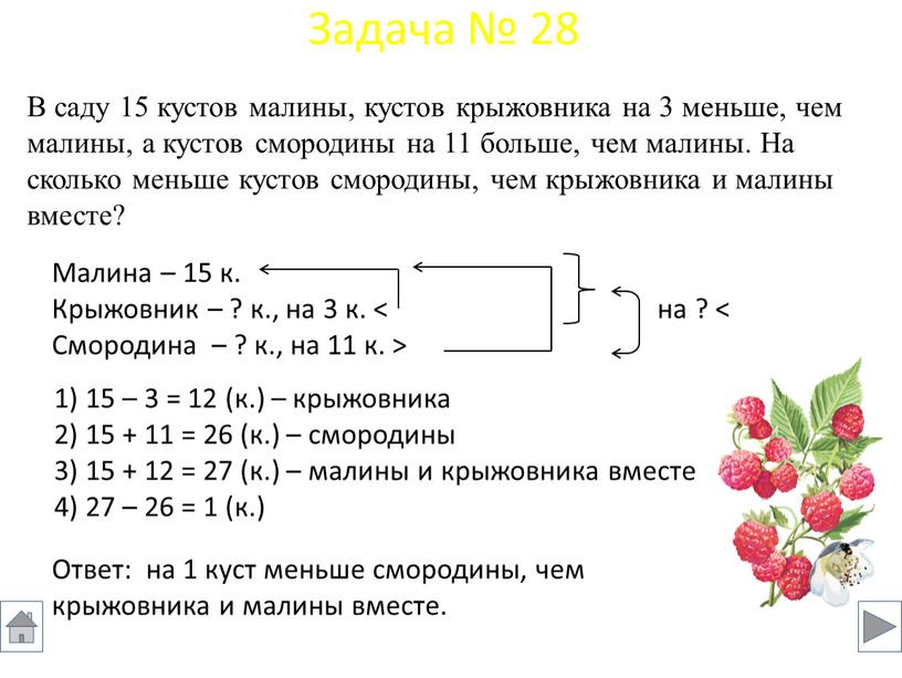 В саду 15 кустов малины, кустов крыжовника на 3 меньше, чем малины, а кустов смородины на 11 больше, чем малины