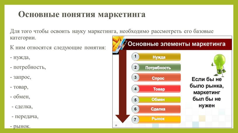 Основные понятия маркетинга Для того чтобы освоить науку маркетинга, необходимо рассмотреть его базовые категории