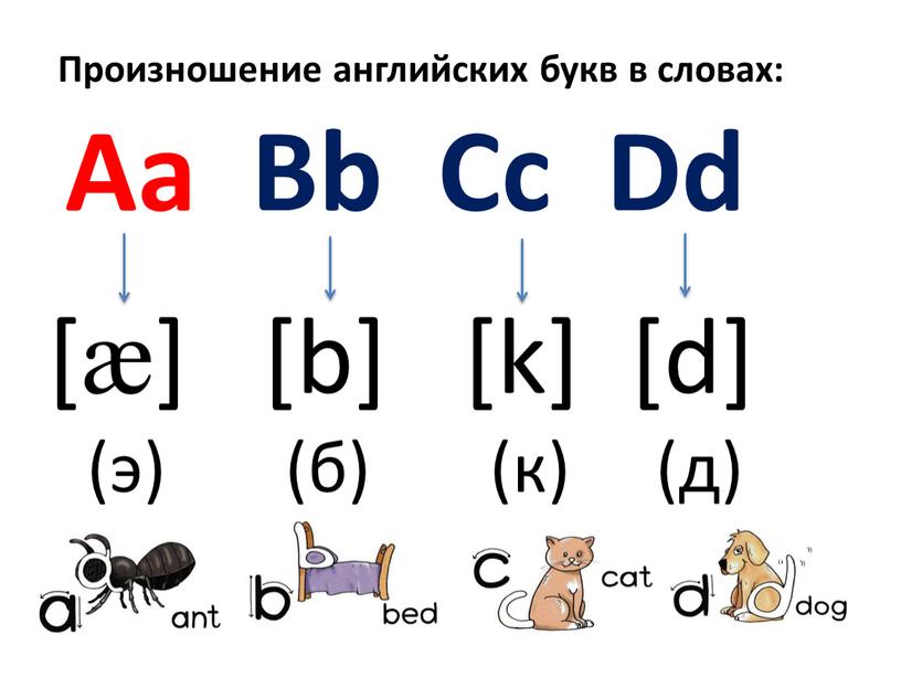 Аа Bb Cc Dd [æ] [b] [k] [d] (э) (б) (к) (д)