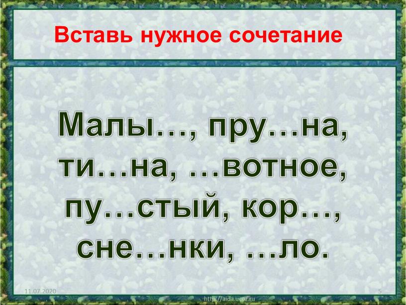 Малы…, пру…на, ти…на, …вотное, пу…стый, кор…, сне…нки, …ло