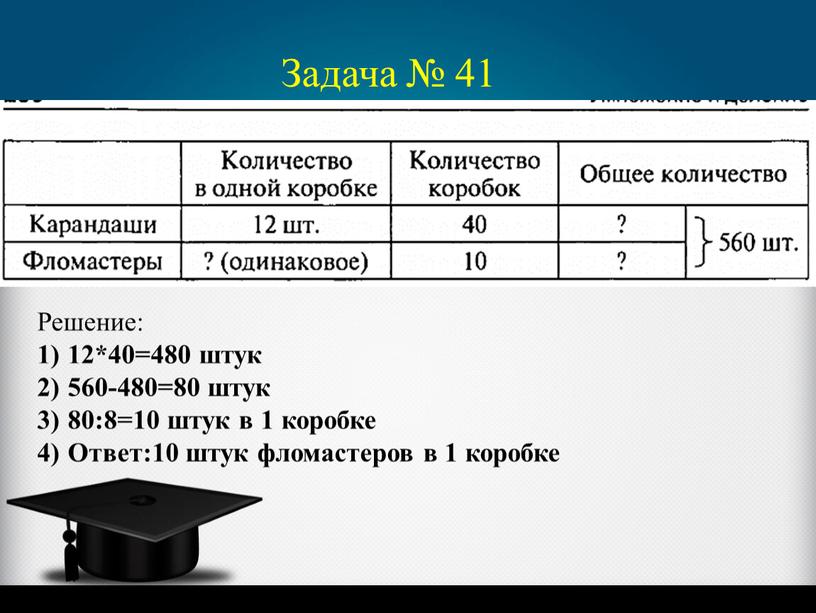 Задача № 41 Решение: 12*40=480 штук 560-480=80 штук 80:8=10 штук в 1 коробке