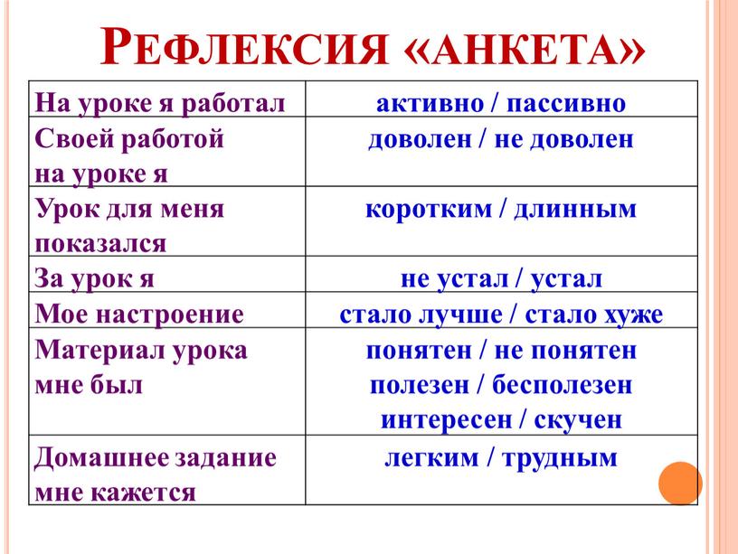 Рефлексия «анкета» На уроке я работал активно / пассивно