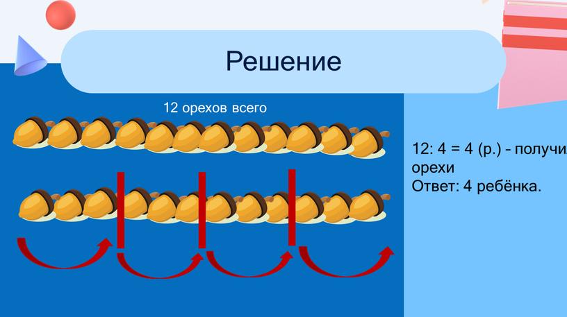 Решение 12 орехов всего 12: 4 = 4 (р