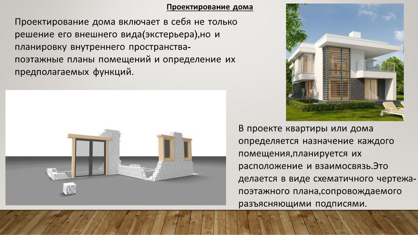 Проектирование дома Проектирование дома включает в себя не только решение его внешнего вида(экстерьера),но и планировку внутреннего пространства-поэтажные планы помещений и определение их предполагаемых функций