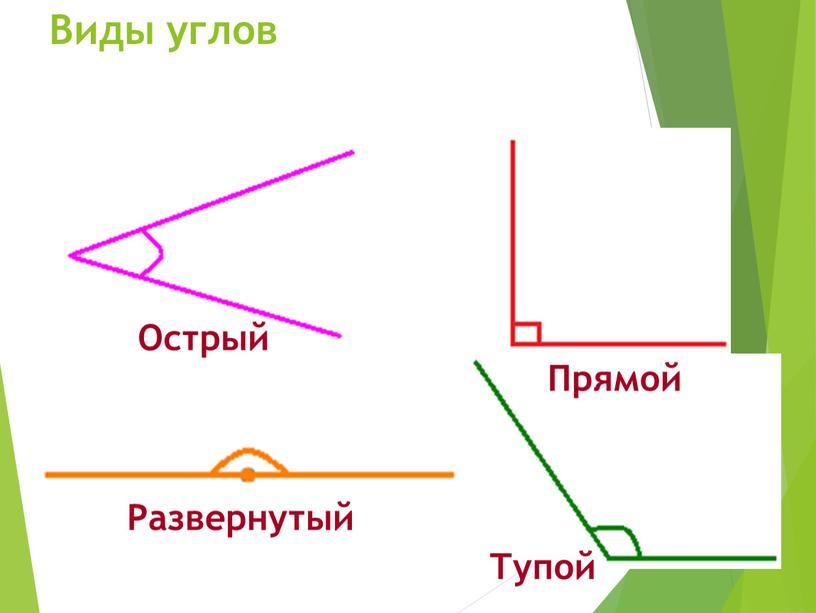 Виды углов Острый Прямой Развернутый