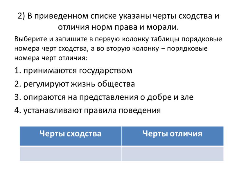 В приведенном списке указаны черты сходства и отличия норм права и морали