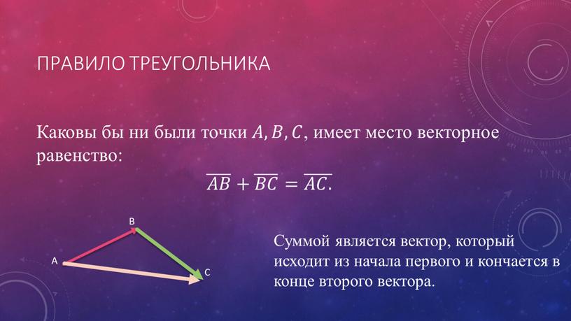 Правило треугольника Каковы бы ни были точки 𝐴𝐴, 𝐵𝐵, 𝐶𝐶 , имеет место векторное равенство: 𝐴𝐵 𝐴𝐴𝐵𝐵 𝐴𝐵 + 𝐵𝐶 𝐵𝐵𝐶𝐶 𝐵𝐶 = 𝐴𝐶
