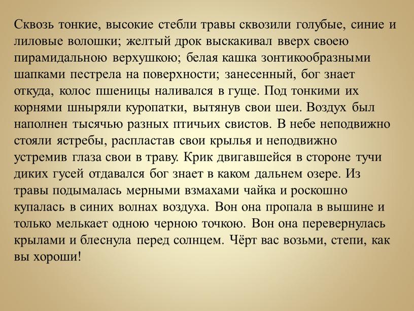 Сквозь тонкие, высокие стебли травы сквозили голубые, синие и лиловые волошки; желтый дрок выскакивал вверх своею пирамидальною верхушкою; белая кашка зонтикообразными шапками пестрела на поверхности;…