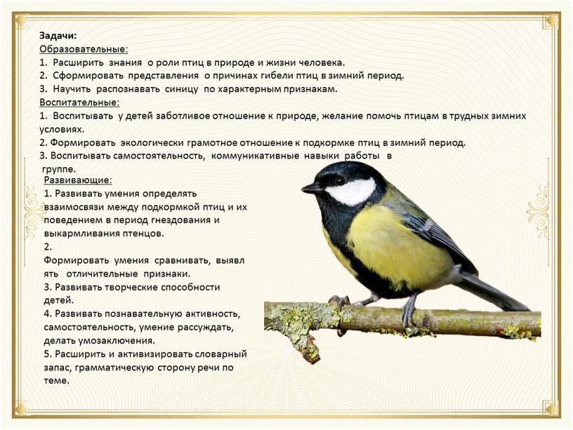Задачи: Образовательные: 1. Расширить знания о роли птиц в природе и жизни человека