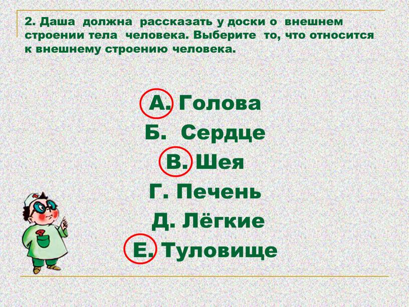 Даша должна рассказать у доски о внешнем строении тела человека