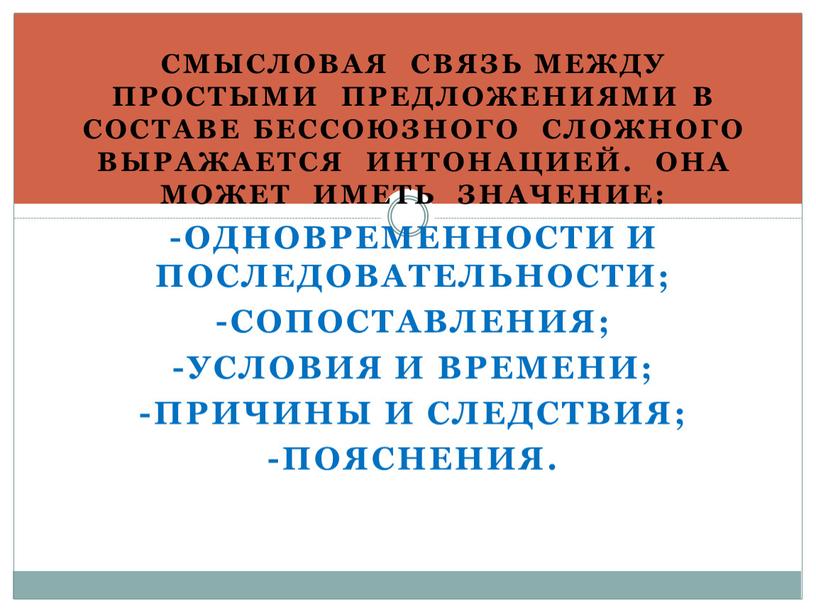 Смысловая связь между простыми предложениями в составе бессоюзного сложного выражается интонацией