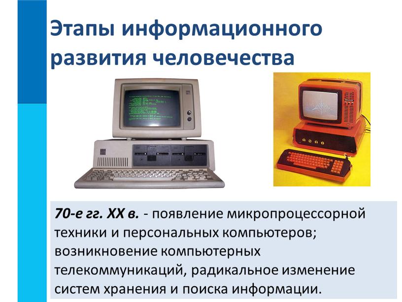 XX в. - появление микропроцессорной техники и персональных компьютеров; возникновение компьютерных телекоммуникаций, радикальное изменение систем хранения и поиска информации
