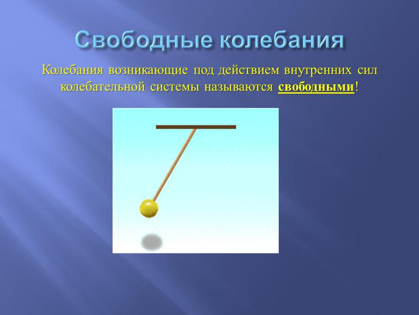 Свободные колебания Колебания возникающие под действием внутренних сил колебательной системы называются свободными !