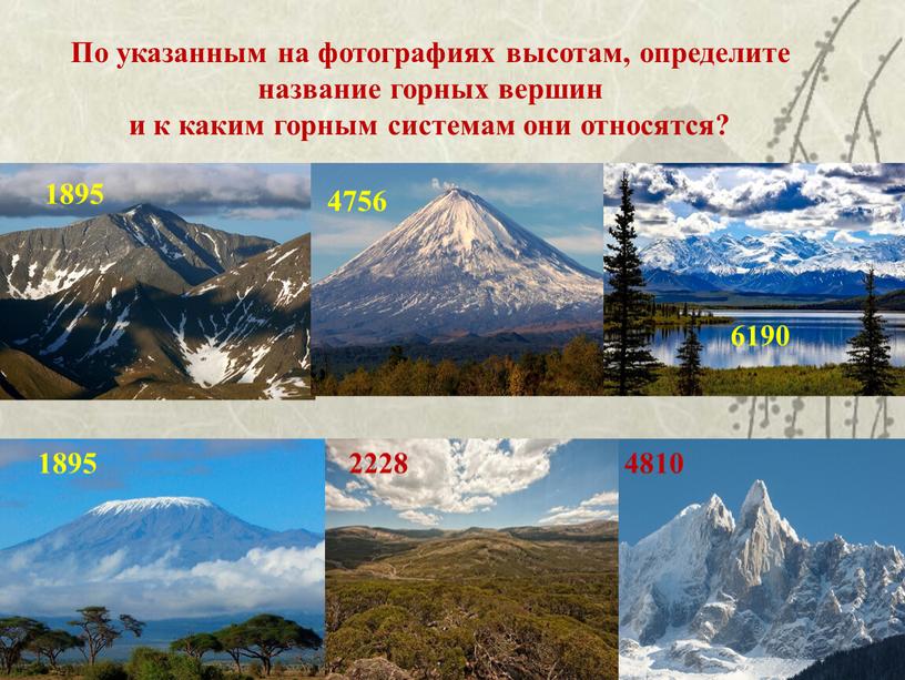 По указанным на фотографиях высотам, определите название горных вершин и к каким горным системам они относятся? 1895 4756 6190 1895 2228 4810