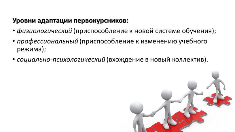 Уровни адаптации первокурсников: физиологический (приспособление к новой системе обучения); профессиональный (приспособление к изменению учебного режима); социально-психологический (вхождение в новый коллектив)