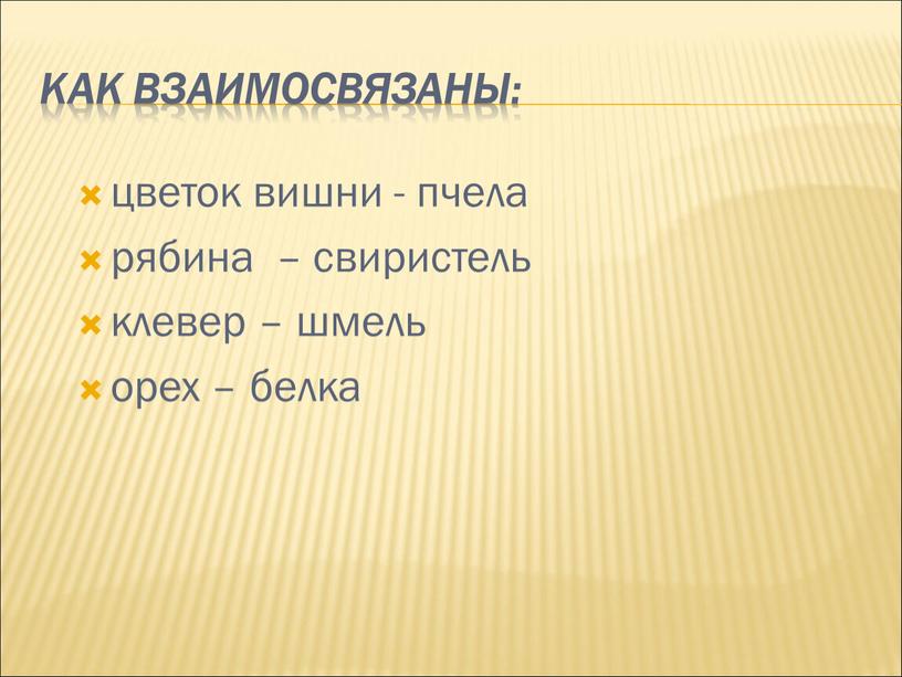 Как взаимосвязаны: цветок вишни - пчела рябина – свиристель клевер – шмель орех – белка