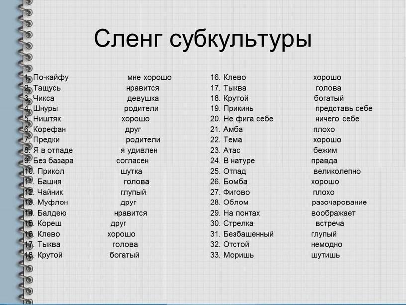 Сленг субкультуры 1. По-кайфу мне хорошо 2
