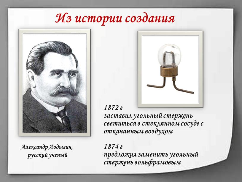 Из истории создания 1872 г заставил угольный стержень светиться в стеклянном сосуде с откачанным воздухом 1874 г предложил заменить угольный стержень вольфрамовым