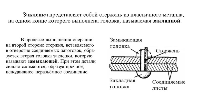 За­клеп­ка пред­став­ля­ет со­бой стер­жень из пла­стич­но­го ме­тал­ла, на од­ном кон­це ко­то­ро­го вы­пол­не­на го­лов­ка, на­зы­ва­е­мая за­клад­ной