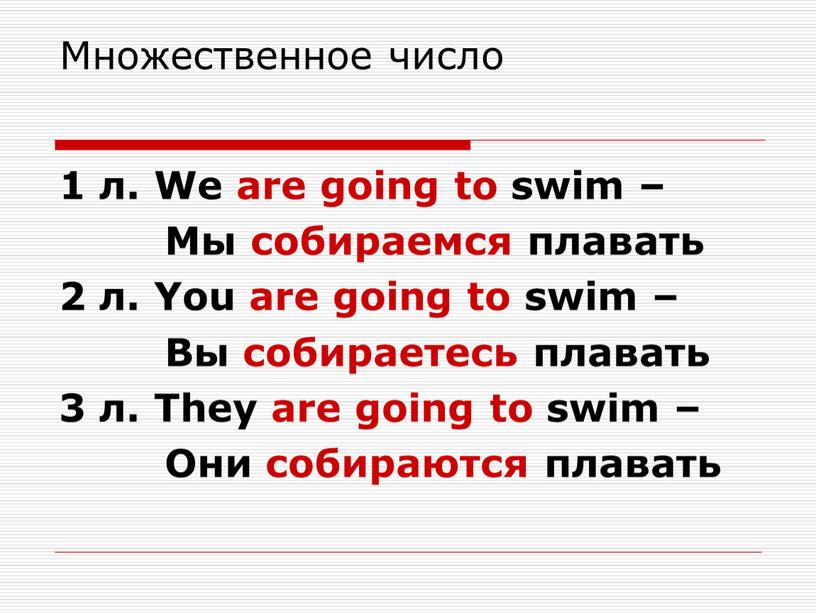 Множественное число 1 л. We are going to swim –