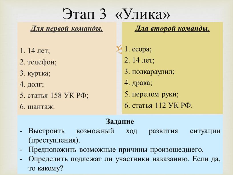 Этап 3 «Улика» Для первой команды