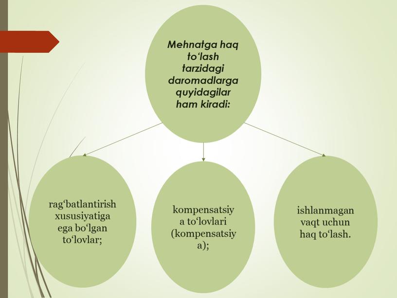 Mehnatga haq to‘lash tarzidagi daromadlarga quyidagilar ham kiradi: rag‘batlantirish xususiyatiga ega bo‘lgan to‘lovlar; kompensatsiya to‘lovlari (kompensatsiya); ishlanmagan vaqt uchun haq to‘lash