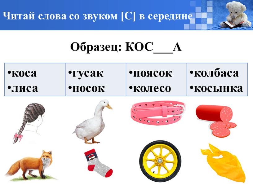 Читай слова со звуком [С] в середине коса лиса гусак носок поясок колесо колбаса косынка