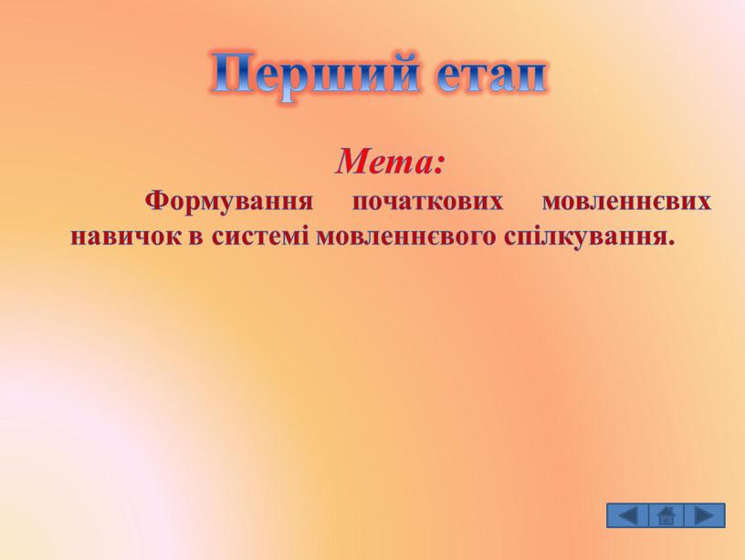 Перший етап Мета: Формування початкових мовленнєвих навичок в системі мовленнєвого спілкування