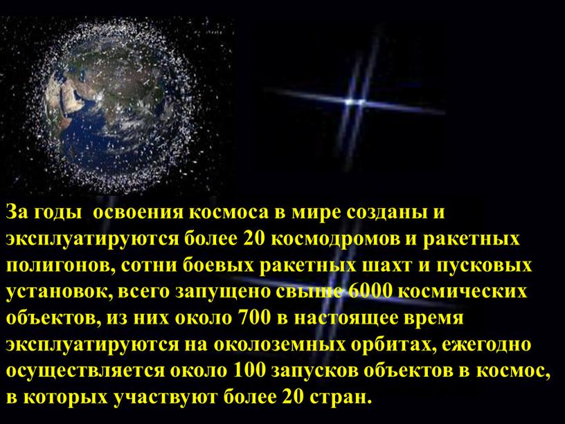 За годы освоения космоса в мире созданы и эксплуатируются более 20 космодромов и ракетных полигонов, сотни боевых ракетных шахт и пусковых установок, всего запущено свыше…