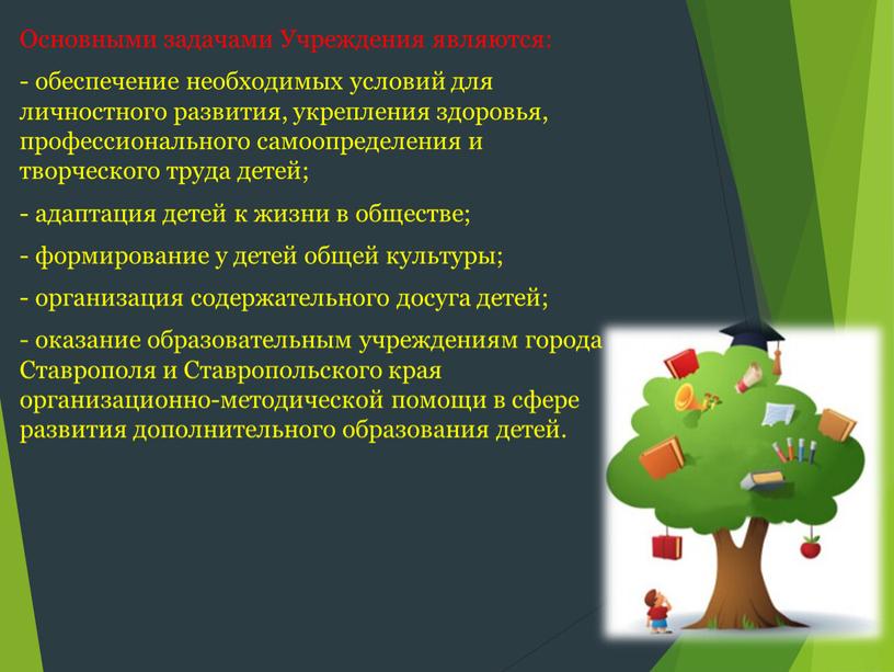 Основными задачами Учреждения являются: - обеспечение необходимых условий для личностного развития, укрепления здоровья, профессионального самоопределения и творческого труда детей; - адаптация детей к жизни в…