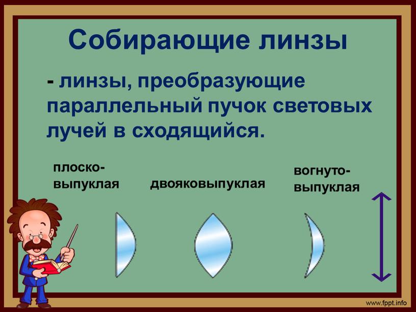 Собирающие линзы - линзы, преобразующие параллельный пучок световых лучей в сходящийся