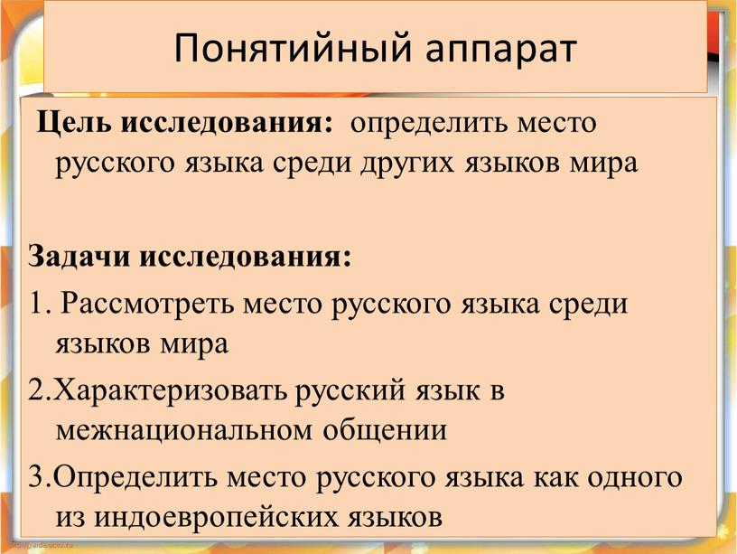 Понятийный аппарат Цель исследования: определить место русского языка среди других языков мира