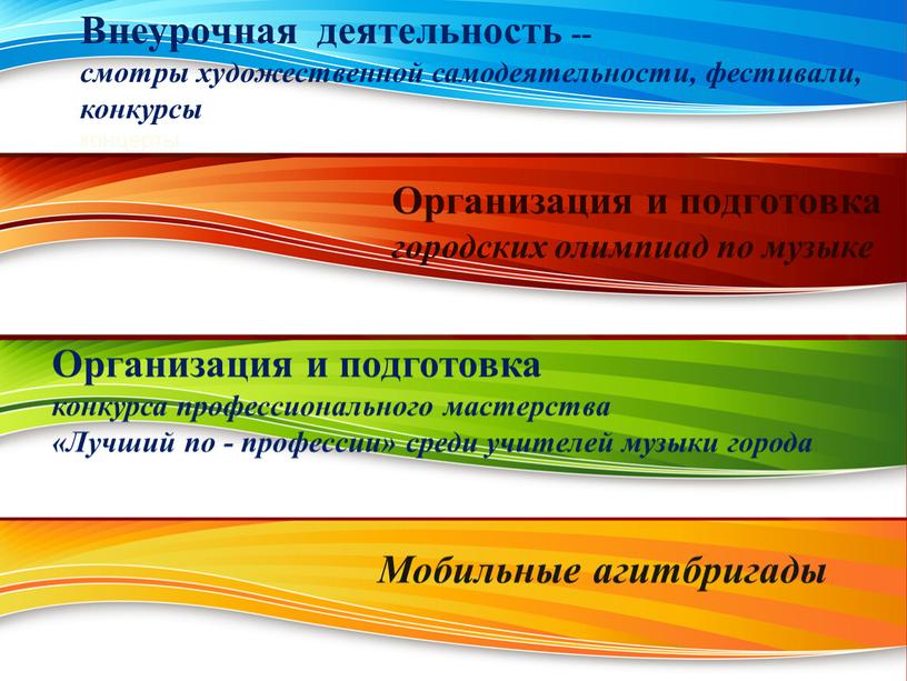 Внеурочная деятельность -- смотры художественной самодеятельности, фестивали, конкурсы концерты