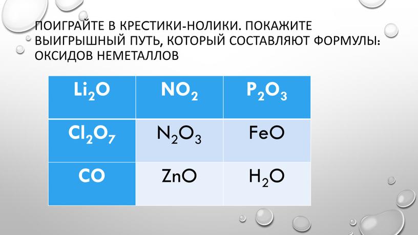 Поиграйте в креcтики-нолики. Покажите выигрышный путь, который составляют формулы: оксидов неметаллов