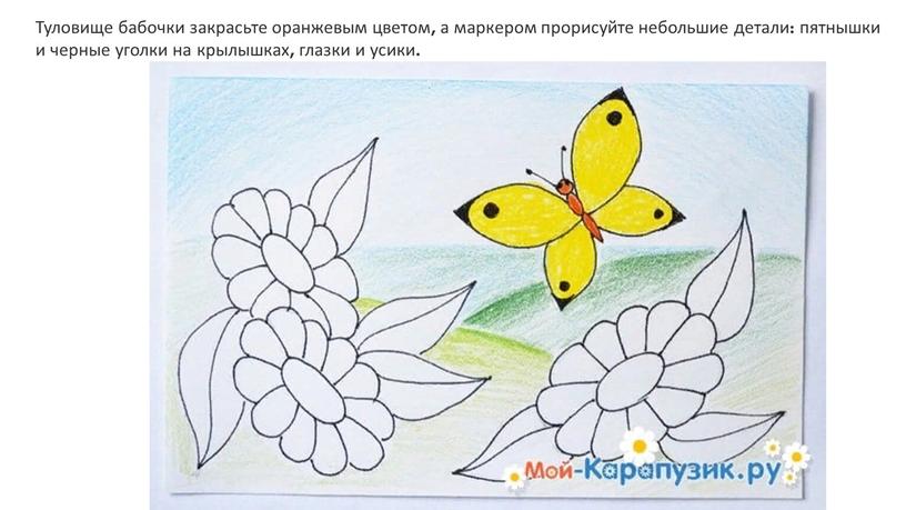 Туловище бабочки закрасьте оранжевым цветом, а маркером прорисуйте небольшие детали: пятнышки и черные уголки на крылышках, глазки и усики