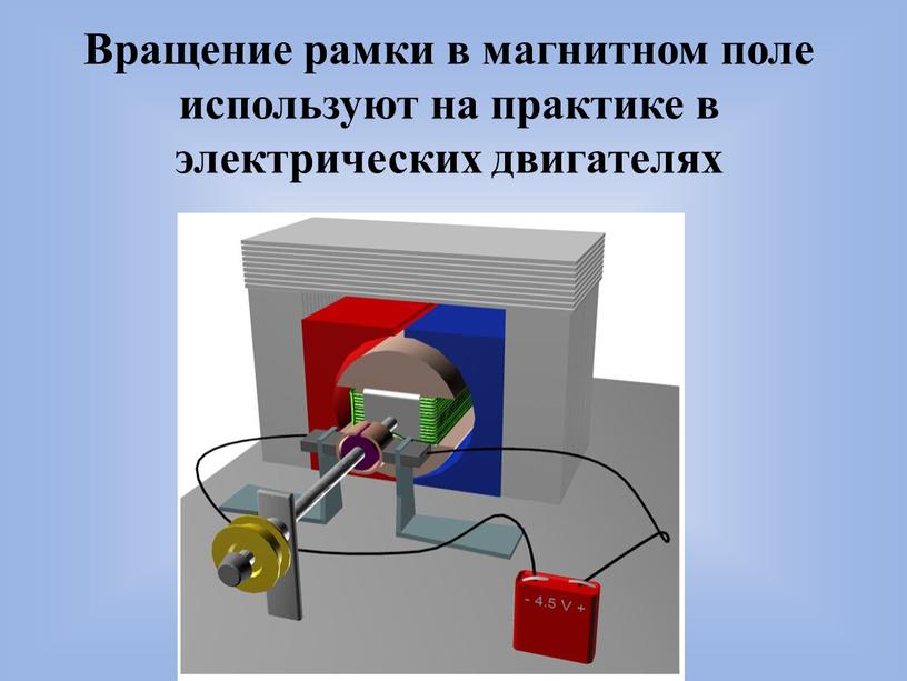 Вращение рамки в магнитном поле используют на практике в электрических двигателях