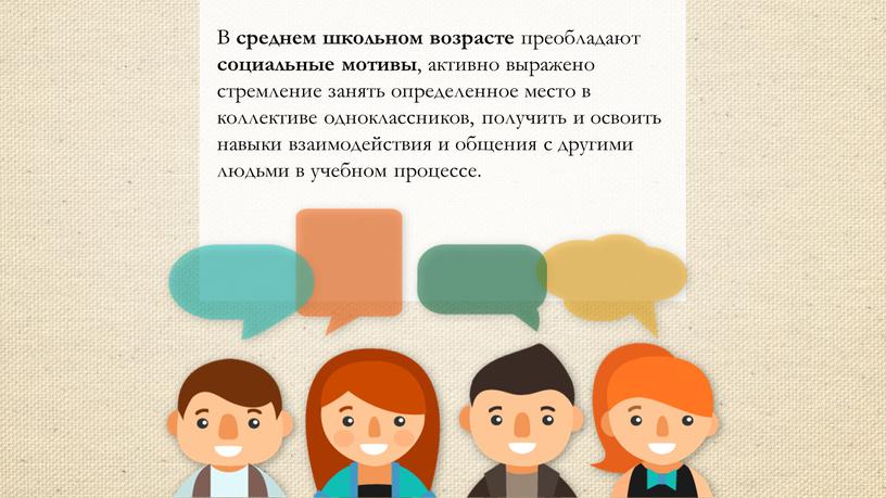 В среднем школьном возрасте преобладают социальные мотивы , активно выражено стремление занять определенное место в коллективе одноклассников, получить и освоить навыки взаимодействия и общения с…