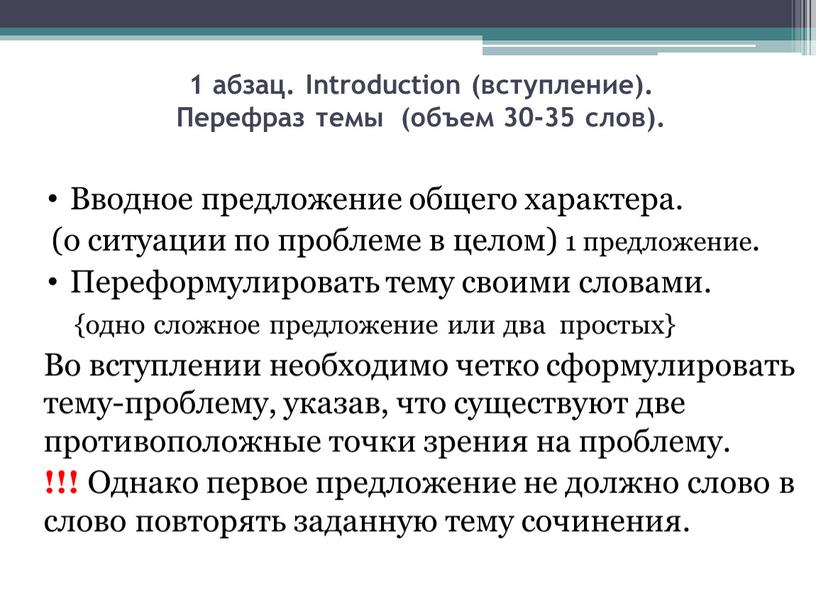 Introduction (вступление). Перефраз темы (объем 30-35 слов)