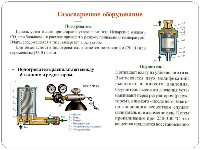 Газосварочное оборудование Подогреватель располагают между баллоном и редуктором