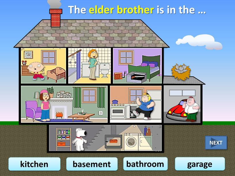 The elder brother is in the … bathroom basement garage kitchen