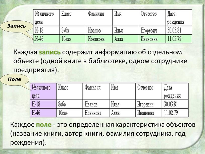 Запись Поле Каждая запись содержит информацию об отдельном объекте (одной книге в библиотеке, одном сотруднике предприятия)