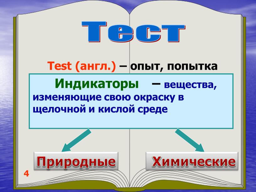 Тест 4 Test (англ.) – опыт, попытка – вещества, изменяющие свою окраску в щелочной и кислой среде